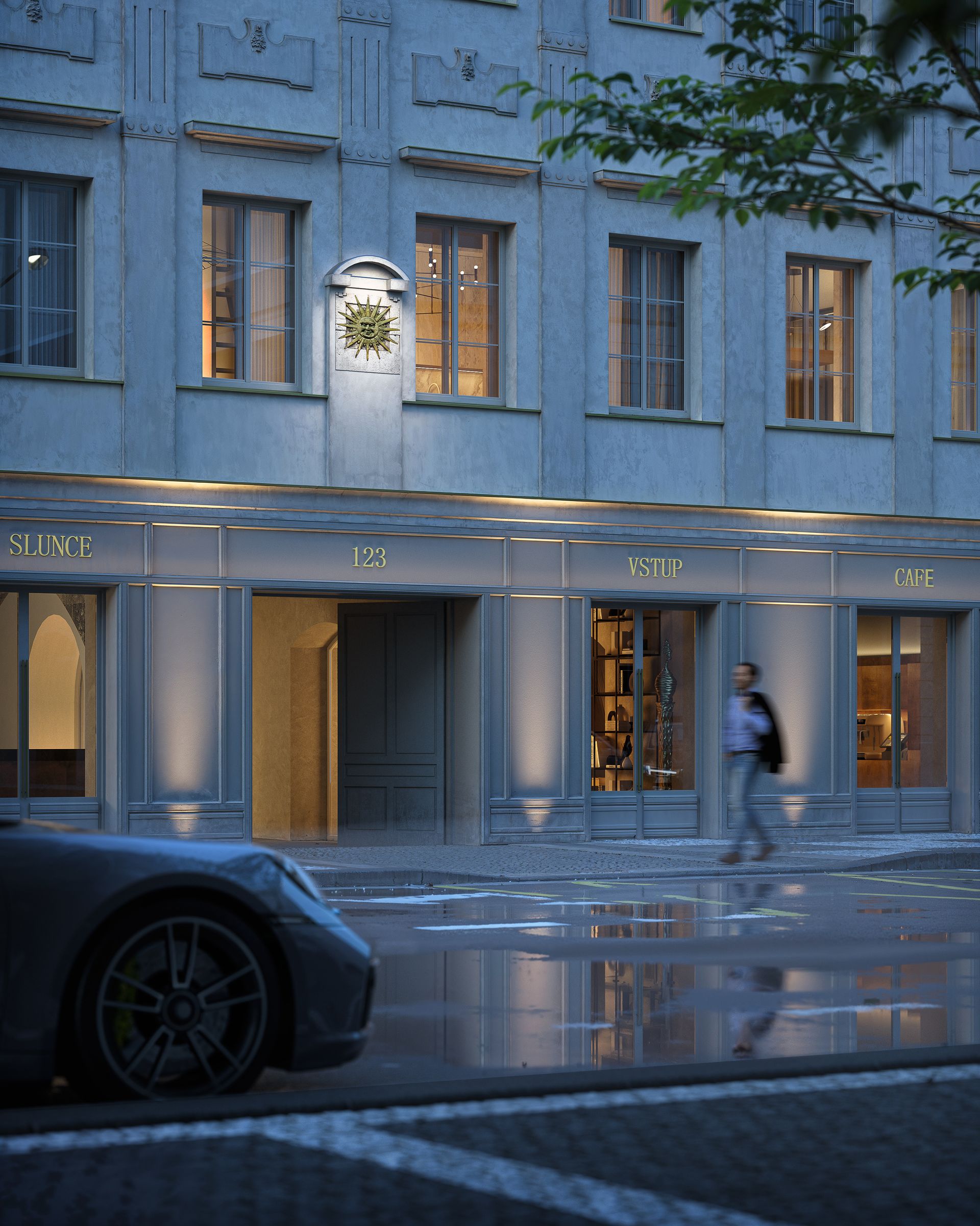 Křižíkova – street façade in the evening